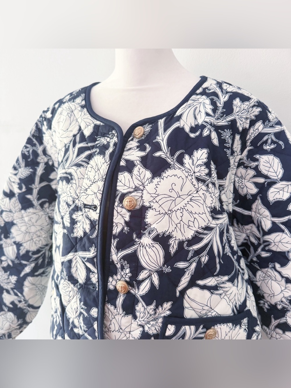 Time & Tru Women 100% Cotton Floral Quilted Jacket XXL Navy Blue Coastal Casual - Picture 2 of 10